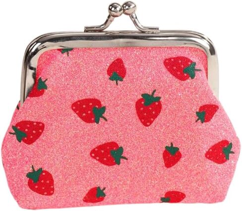 Dark Pink.Strawberry Printed Mini Coin Purse with Cartoon Style, Polyester Material, Lightweight, Unlined Lining, Coin Pocket, Machine Washable in Saudi Arabia