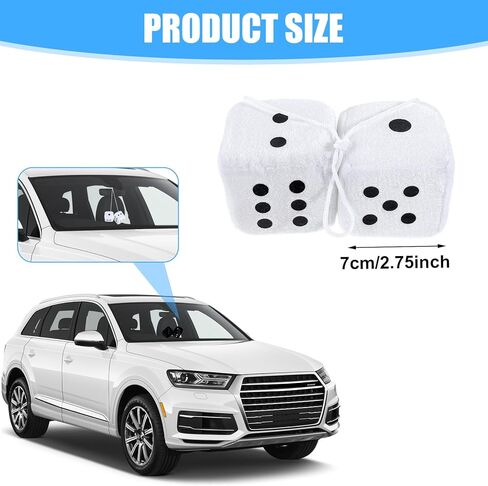 Fuzzy Dice for Rear View Mirror, 1 Pair White Fuzzy Car Dice for Mirror with White Dots Car Ornaments Fun Cars Accessories Classic Vintage Nostalgic 80’s Soft Cars Dices Plush Decorations in Saudi Arabia