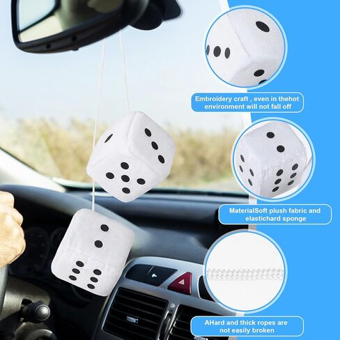 Fuzzy Dice for Rear View Mirror, 1 Pair White Fuzzy Car Dice for Mirror with White Dots Car Ornaments Fun Cars Accessories Classic Vintage Nostalgic 80’s Soft Cars Dices Plush Decorations in Saudi Arabia