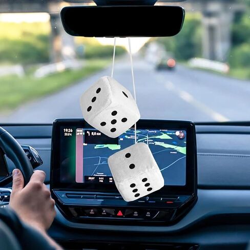 Fuzzy Dice for Rear View Mirror, 1 Pair White Fuzzy Car Dice for Mirror with White Dots Car Ornaments Fun Cars Accessories Classic Vintage Nostalgic 80’s Soft Cars Dices Plush Decorations in Saudi Arabia