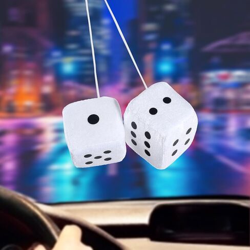 Fuzzy Dice for Rear View Mirror, 1 Pair White Fuzzy Car Dice for Mirror with White Dots Car Ornaments Fun Cars Accessories Classic Vintage Nostalgic 80’s Soft Cars Dices Plush Decorations in Saudi Arabia