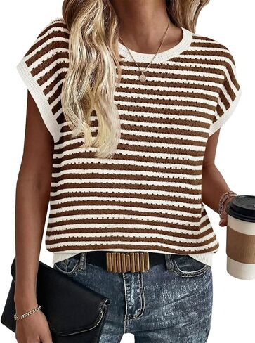 Saodimallsu Womens Short Sleeve Sweater Summer Striped Crochet Tops Casual Cap Sleeve Crewneck Knit Sweater Vest T-Shirts in Saudi Arabia