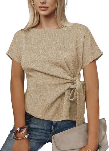 بلوزة نسائية متماسكة بأكمام قصيرة وعقدة ربطة عنق بلوزة ملفوفة برقبة دائرية ملابس علوية غير رسمية مناسبة لموعد المكتب والربيع والصيف in Kuwait