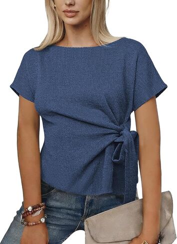 Womens Short Sleeve Knit Top Tie Knot Tunic Wrap Blouse Round Neck Casual Dressy Tops for Office Date Spring Summer in Saudi Arabia