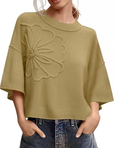 Women's Short Sleeve Sweaters Crew Neck 3D Flower Loose Fit 2026 Spring Summer Lightweight Casual Knit Tops in Saudi Arabia