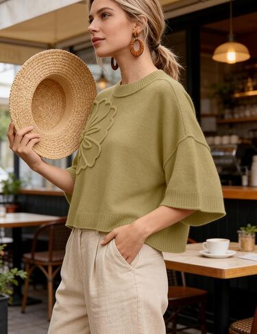 Women's Short Sleeve Sweaters Crew Neck 3D Flower Loose Fit 2026 Spring Summer Lightweight Casual Knit Tops in Saudi Arabia