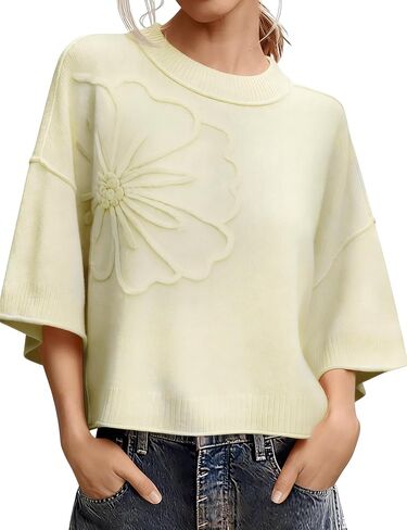 Women's Short Sleeve Sweaters Crew Neck 3D Flower Loose Fit 2026 Spring Summer Lightweight Casual Knit Tops in Saudi Arabia