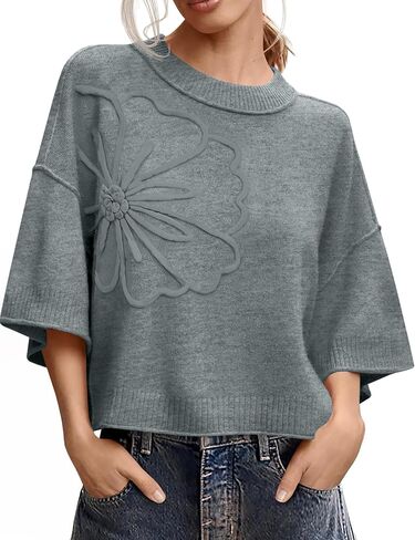 Women's Short Sleeve Sweaters Crew Neck 3D Flower Loose Fit 2026 Spring Summer Lightweight Casual Knit Tops in Saudi Arabia