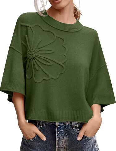 Women's Short Sleeve Sweaters Crew Neck 3D Flower Loose Fit 2026 Spring Summer Lightweight Casual Knit Tops in Saudi Arabia