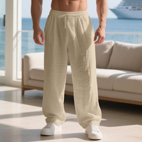 Men's Linen Pants Casual Drawstring Elastic Waist Trousers with Pockets Loose Fit Summer Beach Pants Khaki in Saudi Arabia