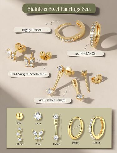 Tungary Small Stud Hoop Earrings for Women 14K Gold Plated Hypoallergenic Surgical Stainless Steel Earrings Stack Sets Silver Studs Huggie Hoops Cartilage Earring for Multiple Piercing Jewelry in Saudi Arabia
