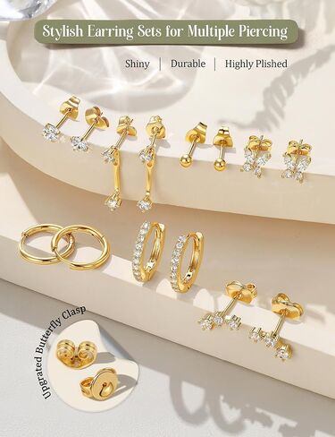 Tungary Small Stud Hoop Earrings for Women 14K Gold Plated Hypoallergenic Surgical Stainless Steel Earrings Stack Sets Silver Studs Huggie Hoops Cartilage Earring for Multiple Piercing Jewelry in Saudi Arabia