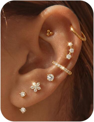 Tungary Small Stud Hoop Earrings for Women 14K Gold Plated Hypoallergenic Surgical Stainless Steel Earrings Stack Sets Silver Studs Huggie Hoops Cartilage Earring for Multiple Piercing Jewelry in Saudi Arabia