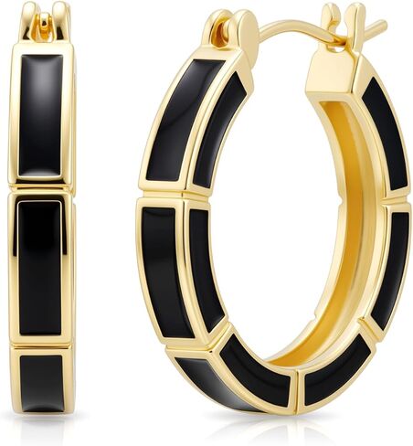 Gold Plated Hoop Earrings for Women 14K Gold Black and Gold Earrings Women's Hoops Earring Trendy Hypoallergenic Earrings for Womens 25mm in Saudi Arabia