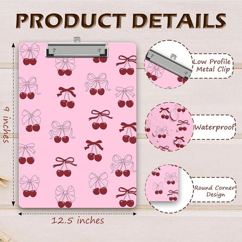 Pink Bow Clipboard, Cherry Wooden Clipboard with Low Profile Metal Clip, Preppy Clip Boards Gifts for Doctors Nurses Teachers Students Women Kids, Office School Supplies 9 x 12.5 in -A25 in Saudi Arabia