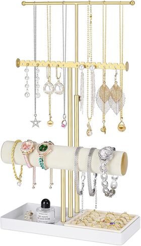 Pink Jewelry Organizer Stand, 3-Tier Necklace & Bracelet Holder with Velvet Ring Tray, Cute Aesthetic Jewelry Tree Storage Rack for Earrings & Rings – Perfect for Women & Girls in Saudi Arabia