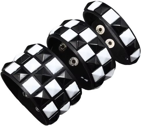 3 Pcs Black White Checkered Leather Bracelet for Men Women Punk Gothic Studded Cuff Bangle Wristband Arm Band Halloween Party Accessories in Saudi Arabia