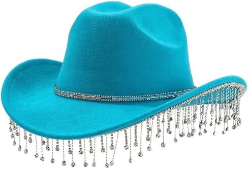 Women Men Cowboy Hat with Dangling Chain Diamante Stones Sparkle Cowboy Hat for Novelty Fancy Dress Party Cowgirl Halloween (Lake Blue) in Saudi Arabia