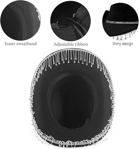 Women Men Cowboy Hat with Dangling Chain Diamante Stones Sparkle Cowboy Hat for Novelty Fancy Dress Party Cowgirl Halloween (Lake Blue) in Saudi Arabia