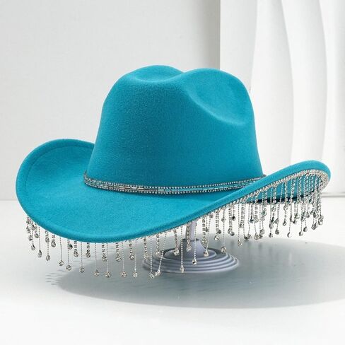 Women Men Cowboy Hat with Dangling Chain Diamante Stones Sparkle Cowboy Hat for Novelty Fancy Dress Party Cowgirl Halloween (Lake Blue) in Saudi Arabia