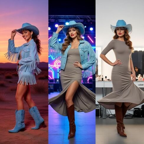 Women Men Cowboy Hat with Dangling Chain Diamante Stones Sparkle Cowboy Hat for Novelty Fancy Dress Party Cowgirl Halloween (Lake Blue) in Saudi Arabia