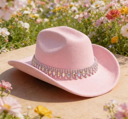 A Unique Pink European-Style Elegant hat, paired with a Jazz-Inspired Cowboy hat and Gemstone-Water Diamond Accessories. in Saudi Arabia