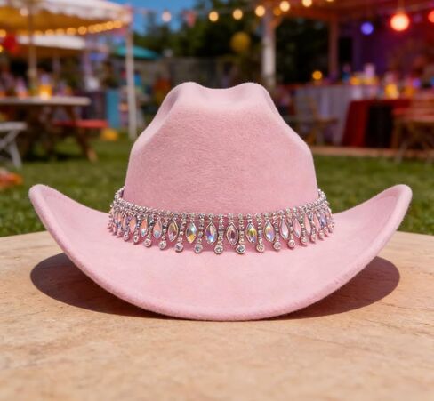 A Unique Pink European-Style Elegant hat, paired with a Jazz-Inspired Cowboy hat and Gemstone-Water Diamond Accessories. in Saudi Arabia