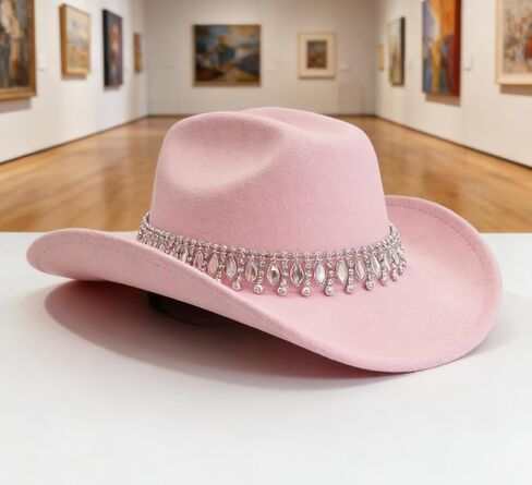A Unique Pink European-Style Elegant hat, paired with a Jazz-Inspired Cowboy hat and Gemstone-Water Diamond Accessories. in Saudi Arabia