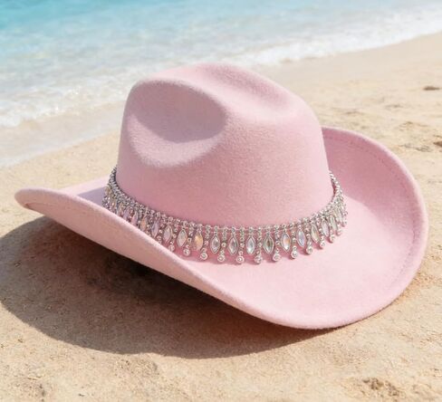 A Unique Pink European-Style Elegant hat, paired with a Jazz-Inspired Cowboy hat and Gemstone-Water Diamond Accessories. in Saudi Arabia