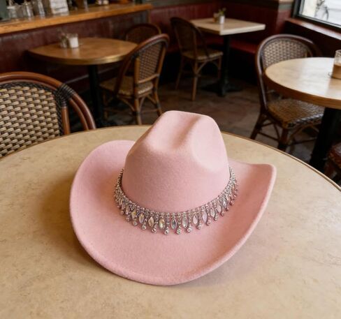 A Unique Pink European-Style Elegant hat, paired with a Jazz-Inspired Cowboy hat and Gemstone-Water Diamond Accessories. in Saudi Arabia