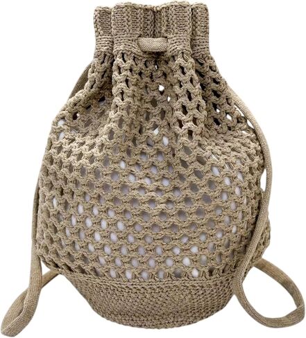 ENBEI Small Crochet drawstring Backpack Handmade crochet Purse for Beach,Travel, Beach Bag for Women,Lightweight Mesh Bag (khaki) in Kuwait