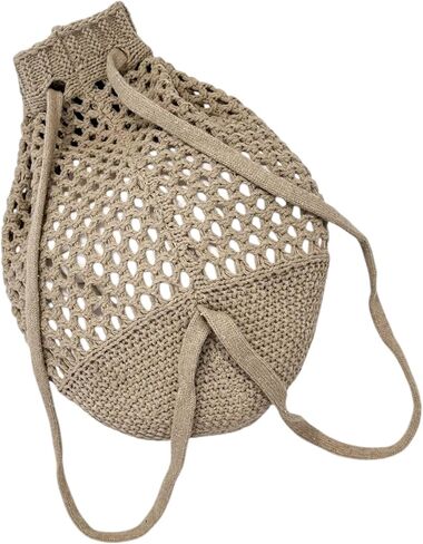 ENBEI Small Crochet drawstring Backpack Handmade crochet Purse for Beach,Travel, Beach Bag for Women,Lightweight Mesh Bag (khaki) in Kuwait