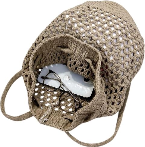 ENBEI Small Crochet drawstring Backpack Handmade crochet Purse for Beach,Travel, Beach Bag for Women,Lightweight Mesh Bag (khaki) in Kuwait