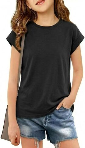 تي شيرت بناتي بأكمام قصيرة للأطفال صيفي برقبة دائرية وقمصان سادة من عمر 5 إلى 14 عامًا in Kuwait