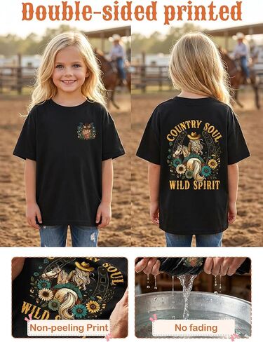 Girls Cowgirl Western Shirts - Kids Rodeo Horse Short Sleeve Graphic Country Soul Wild Spirit Floral Summer Tops in Saudi Arabia