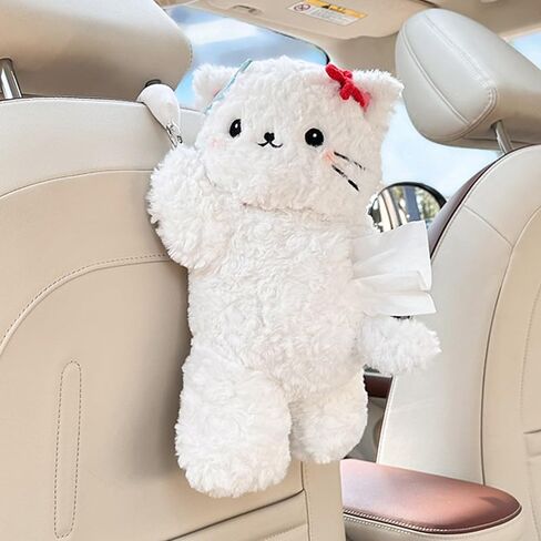 حامل مناديل السيارة اللطيف على شكل قطة صندوق ورقي قطيفة للمقعد الخلفي منظم معلق رائع وديكور للنساء محبي الحيوانات الأليفة والهدايا (أسود) in Kuwait