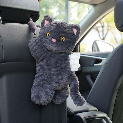 Cute Cat Car Tissue Holder Plush Kitten Paper Box for Backseat Adorable Hanging Organizer & Decor for Women Pet Lovers & Gifts (Black) in Saudi Arabia