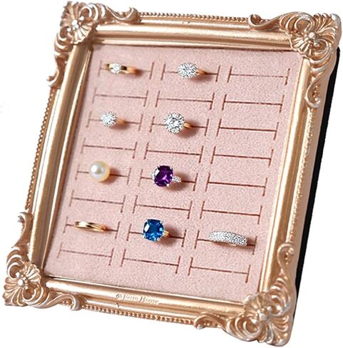 حامل حلقة بإطار صور عتيق - حامل عرض منظم مجوهرات مخملي 24 فتحة لجميع أحجام الخواتم، صينية تخزين أنيقة على الطراز الباروكي الذهبي لتصوير مجموعة خطوبة الزفاف (وردي) in Kuwait
