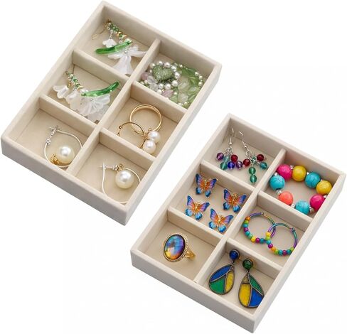 2 Pcs Jewelry Drawer Organizer Trays, Jewelry-Storage Tray, Stackable Jewelry Organizer Trays, Mini Jewelry-Drawer Organizers, Container Display Case for Earrings, Bracelets, Necklace (Beige) in Saudi Arabia