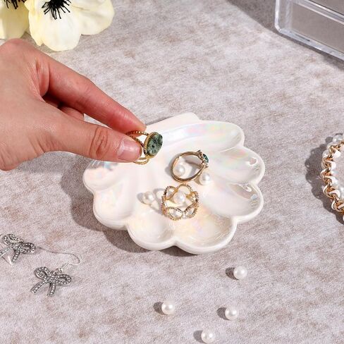 Seashell Ceramic Jewelry Tray Pearlescent Seashell Jewelry Holder Decorative Ring Holder Dish Cute Trinket Dish for Birthday Gifts Home Decor Vanity Accessories in Saudi Arabia