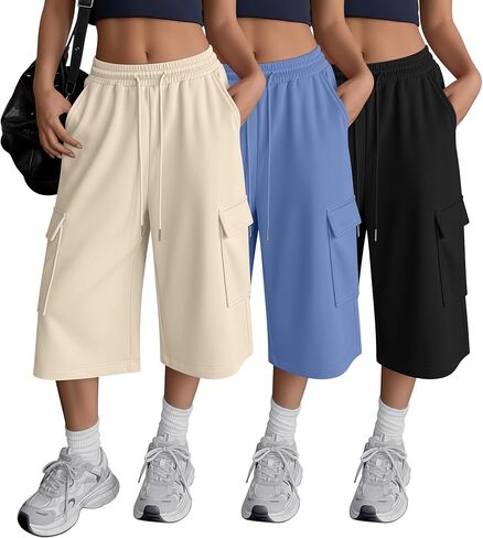 3 Pack Women's Cargo Capri Sweatpants Wide Leg Baggy Cropped Pants Casual Athletic Joggers with 4 Pockets in Saudi Arabia