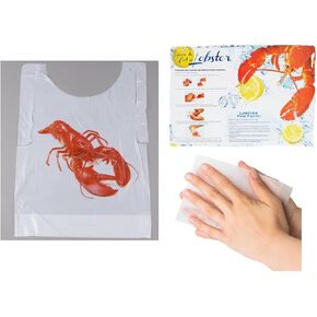 Oasis Supply, Lobster Bib, How to Eat Lobster Placemat, Butcher Paper Table Cover & Wet Wipe Bundle - 25 Disposable Bibs, Placemats, & Moist Towelettes for Crawfish Boil, Seafood Fest, or Home Dinner Party