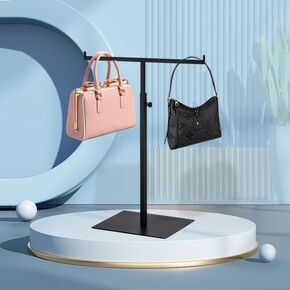 Purse Display Stand T Shaped, Countertop Jewelry/Scarf/Handbag T-Bar Display Stand, Tabletop Double Hook Hanging Stands for Long Necklaces, Metal with Adjustable Height - Black