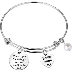 HOLLP Stepmother Bracelet Step Mom Jewelry Mother In Law Bracelet Thank You For Being A Second Mother To Me Charm Pearl Bracelet Mother's Day Gift for Mother Aunt