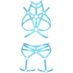 Womens Full Body Harness Caged Bra High Waist Leg Garter Belt Set Adjustable Size Gothic Hollow Lingerie Festival Rave