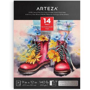 ARTEZA Watercolor Paper, 14 Sheets, 9x12 Inches Water Pad, 140lb/300gsm, 100% Cotton, Double-Sided, Hot Press, Acid Free Art Paper