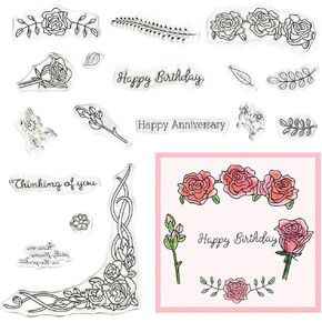 Spring Flowers Leaves Clear Stamps for Card Making and Journaling, Floral Plants Silicone Stamps Spanish Words Rubber Stamps for Scrapbooking DIY Cards Album Crafts Supplies