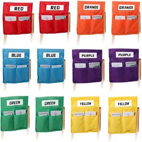 12 Pcs Chair Pockets for Classrooms 16"x19"Large Chair Pockets with Name Tag Oxford Cloth Colorful Chair Storage Bag with 3 Pockets Chair Sacks for Classroom for Keeping Student Book Desk Organized