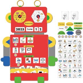 Visual Schedule Pocket Chart,Daily Routine Chart for Kids with Autism Learning Materials for Home School,Includes Robot Back Board and 2 Hooks