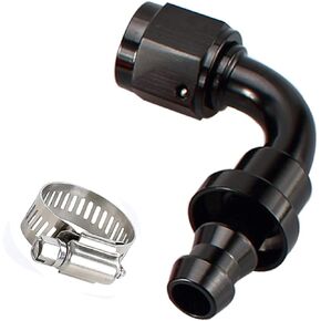 AC PERFORMANCE 90 Degree Female -10 AN to 5/8" Push Lock Hose End Barb Fitting Aluminum Black with Clamp